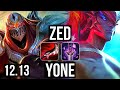 ZED vs YONE (MID) | 7/0/4, 1.6M mastery, 900+ games, Godlike | KR Diamond | 12.13