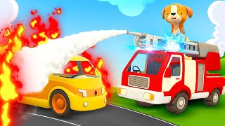 Helper Cars & the broken yellow car. The fire truck saves the day. Learn animals & cartoons for kids