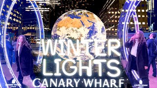 London Night Walk around Canary Wharf incl. Winter Lights Festival 2023  [4K]