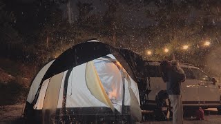 It's snowing again☃️ My last night in this tent with my furry puppy