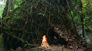 Solo Camping In The Rain Forest - Build Shelter Under a Big Rock | Primitive Villa