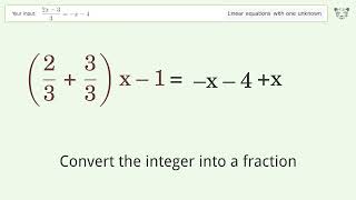 Linear equation with one unknown: Solve (2x-3)/(3)=-x-4 step-by-step solution