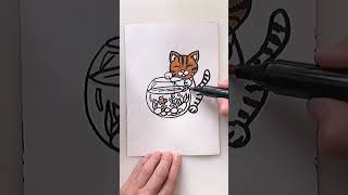 Drawing cute cat. How to draw cat and aquarium with fish. Free art lesson. Drawing tutorial.