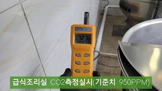 급기시스템편) 급식실에 CO2농도를 측정하는 이유는?  CO2는 조리매연,흄등을 잘 배출되는지 알수있는 후드성능 지표 - 강제급기도입 결정을 해야한다.