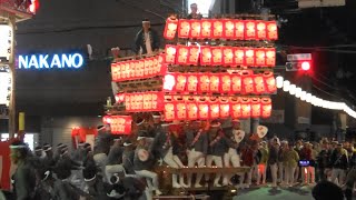 深井だんじり祭り 試験曳き 西地区灯入れ曳行 中野酒店前やりまわし 深井北町、深井清水町、深井中町、深井中町西 2023.09.24