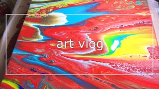 #49【art vlog】大きなキャンバスにアクリル絵の具をこぼして赤い絵を描く/*匂い立つ木【ポーリングアート】