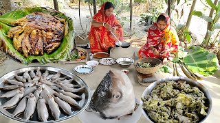 কাঁচা মশলা দিয়ে পারসে মাছ পাতায় ভাজা সাথে কাতলা মাছের মাথা দিয়ে কচুশাক। Parshe Mach Patay