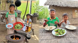 Adorable Little chef Heng 's Fried Cabbage Recipe , Rural life village