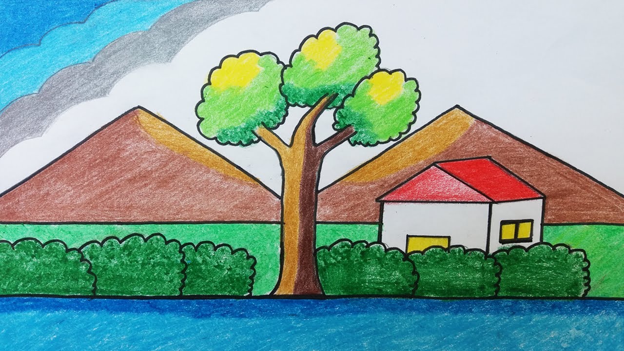 Beautiful Scenery Drawing Easy With Colour For Kids Step By Step
