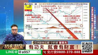 2023/2/17 功夫期貨 曾英杰 大探極期貨系統結合技術分析 KD指標K值D值RSV目前介於20~80之間，大盤呈現區間震盪，壓力觀察15660！