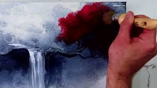 Red Tree by Waterfall | Limited Color Pallet | Landscape Painting | Easy for Beginners