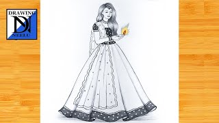 A Beautiful Traditional Girl with Diya -Diwali / Deepavali drawing || Drawing of happy diwali