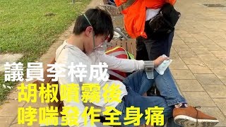 【112求援國際 維園大集會】(字幕)  11.02下午防暴警進維園大放催淚彈，觀塘秀茂坪區候選議員李梓成，被警察近距離施放胡椒噴霧後，哮喘發作，他說：全身痛但心更痛。