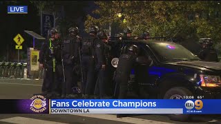 Police Respond To Crowds Gathered In Downtown LA After Lakers Win