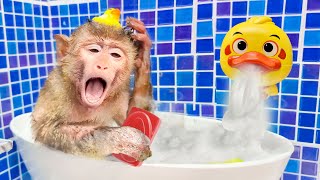 bi bon Baby Monkey take a fruits in the bathroom Dog Amee stuck animal revolt duckling