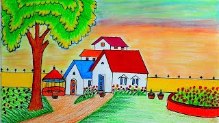 How to draw village house || draw a village scenery with oil pastel color |doll house drawing