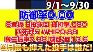 【パ・リーグ救援投手ランキング】9月月間ランキング｜9月最も抑えたのは誰だ？8登板、8投球回、被打率.080、四死球5、WHIP0.88、奪三振率7.88、球数/回13.6