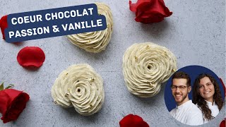 Coeur chocolat passion vanille, pochage rose façon Cédric Grolet