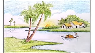 How to draw riverside Landscape /Village scenery step by step