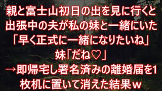 親と富士山初日の出を見に行くと出張中の夫が私の妹と一緒にいた「早く正式に一緒になりたいね」妹「だね♡」→即帰宅し署名済みの離婚届を1枚机に置いて消えた結果ｗ