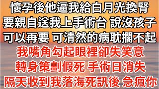 懷孕後他逼我給白月光換腎，要親自送我上手術台，說孩子沒了可以再要，可清然的病耽擱不起。我嘴角勾起眼裡卻失笑意，轉身策劃假死，手術日消失。隔天收到我落海死訊後 急瘋你