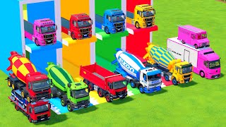 TRANSPORTING DOUBLE FLATBED TRAILER TRUCK, COLORFUL MIXER TRUCK, DUMP TRUCK, MERCEDES, MAN, VOLVO