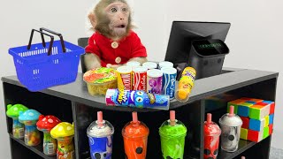 Monkey Baby Bim Bim pretend to be a cashier in a supermarket and go harvest in the garden with Obi
