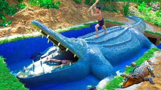 Top 10 Works Build Swimming Pool Water Slide Crocodile Around Secret Underground House - full