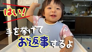 【1歳0か月】「はーい！」手を挙げてお返事するよ！/ Raise his hand to say yes!