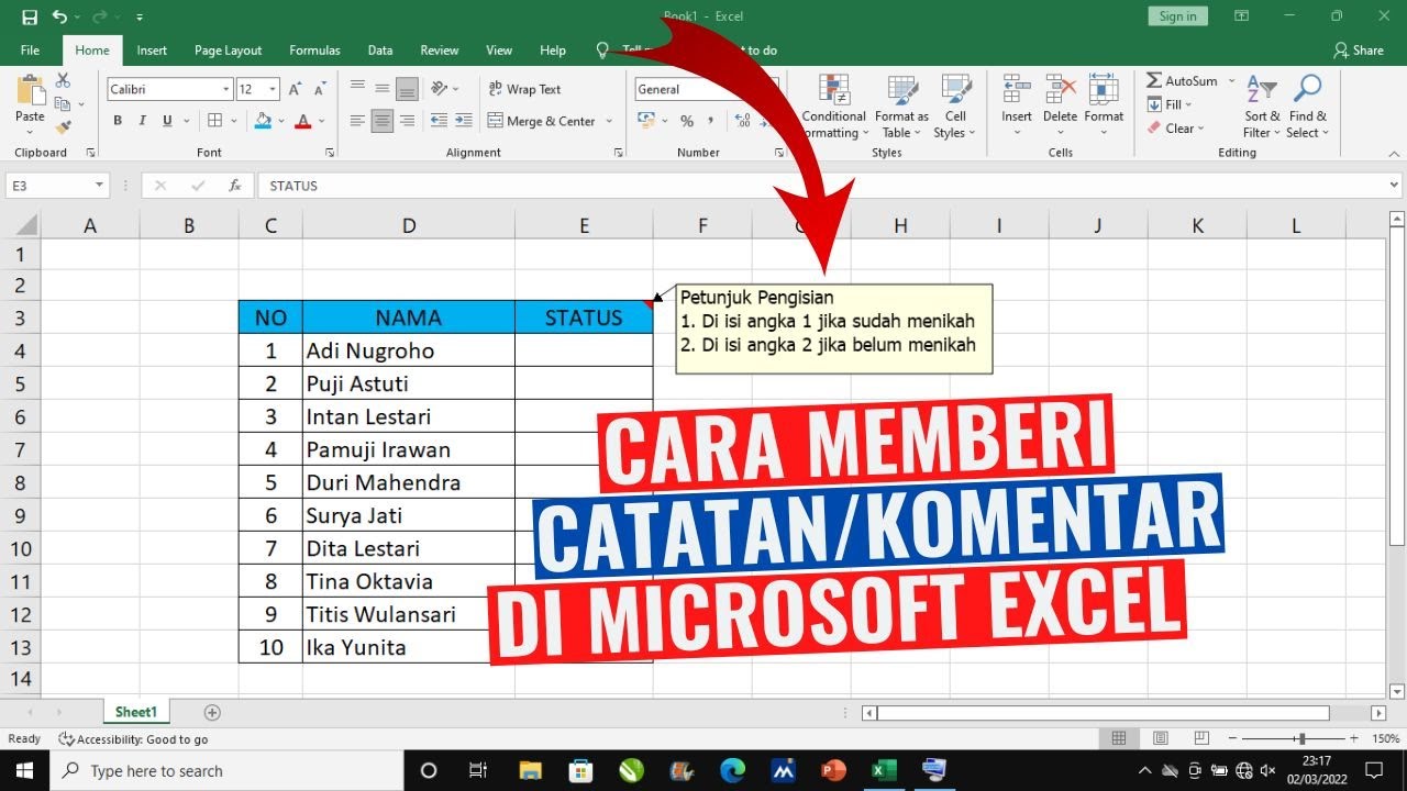 Cara Membuat Catatan Atau Komentar Di Microsoft Excel Youtube