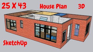 3D 25 X 43 House Plan 2 Bedroom 3 Bathroom Kitchen Dining and living area stair 2021 design SketchUp