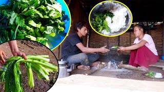 Anita Serving green veg meal to husband II Organic large mustard curry \u0026 rice@pastorallifeofnepal