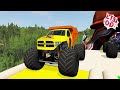 5 monster truck vs giant color water slide 169