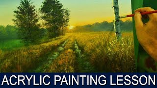 Acrylic Landscape Painting Tutorial | Sunrise on Road with Birch Tree JM Lisondra