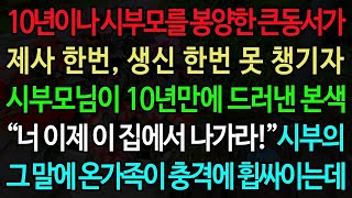 10년이나 시부모를 봉양한 큰동서가 제사 한번, 생신 한번 못 챙기자 시부모님이 10년만에 드러낸 본색 “너 이제 이 집에서 나가라!”시부의 그 말에 온가족이 충격에 휩싸이