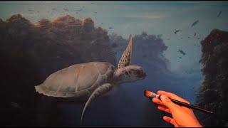 How to do a realistic underwater painting - how to paint a turtle, reef, lots of fish