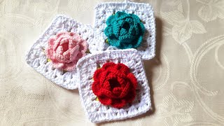 How to Crochet a Rose Flower Granny Square | step by step tutorial |