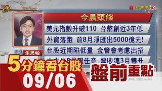 美元指數升破110!外資逃...新台幣連三貶 昨收30.71元創3年低!台股陷低量 金管會考慮出招!大立光8月報佳音 鴻海8月營收增12%!｜主播朱思翰｜【5分鐘看台股】20220906｜非凡財經新聞