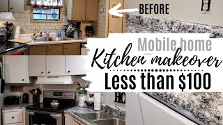 Kitchen makeover on a budget | Less than $100 mobile home kitchen makeover | Modern farmhouse style