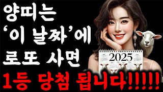 양띠 주목! 2025년 양띠 운명이 바뀝니다 양띠를 위한 로또 1등 당첨 운세 2025년 을사년 대박나는 양띠운세 43년생 55년생 67년생 79년생 91년생 03년생 양띠 운세