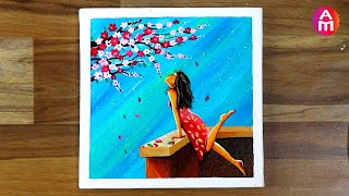 Easy Cherry Blossom Flowers With Beautiful Girl | Acrylic Painting Easy Technique