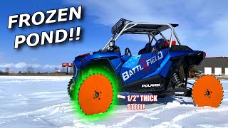 30 inch SAW BLADE WHEELS on our RZR Turbo on ICE!! GOOD or BAD?