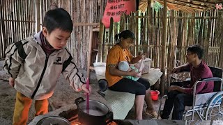 The boy takes care of the family with a young mother breastfeeding and a disabled father.