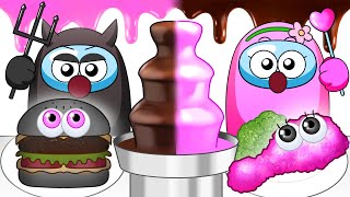 Black VS Pink Chocolate Fondue Challenge - ANIMATION MUKBANG