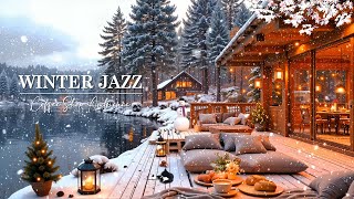 4K Warm Balcony Winter Ambience in Lakeside  Cozy Wood Cabin Ambience with Soothing Jazz for Work