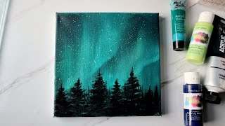 Easy acrylic painting tutorial for beginners / Northern lights aurora painting on mini canvas