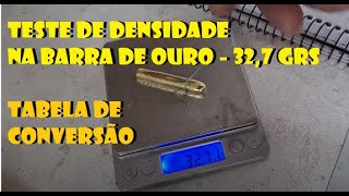 Teste de densidade da barra de ouro 32,7 gramas e tabela de conversão!