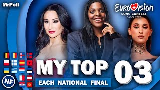 Eurovision 2025 | My Top 3 of Every National Final (NEW: 🇭🇷🇬🇷🇺🇦🇵🇱🇳🇴🇫🇮🇮🇸🇲🇩🇧🇪)