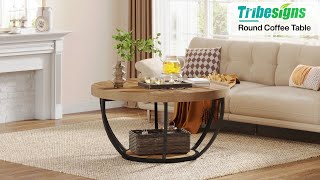 Tribesigns 2-Tier Round Coffee Table with Shelves - NY036 #sofa #livingroom #wood