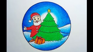 How To Draw Santa Claus With Christmas Tree Step By Step |Drawing Christmas Scenery In A Circle